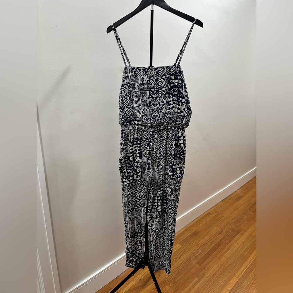 546. Sans Souci Navy and White Tribal Print Spaghetti Strap Jumpsuit
